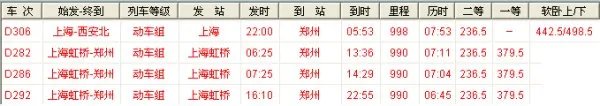 上海到郑州高铁时刻表
