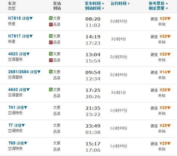 太原到吕梁火车时刻表
