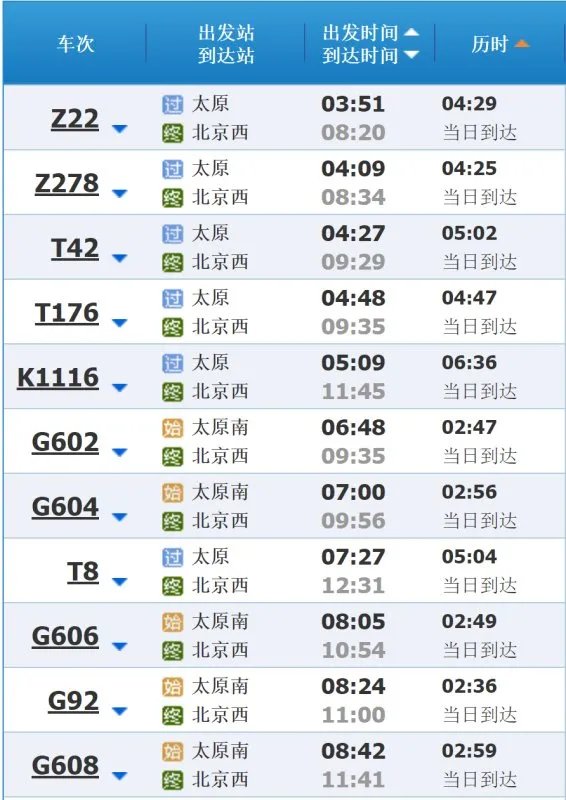 太原到北京的动车时刻表?