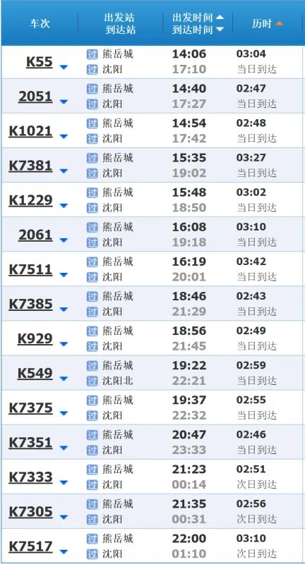 熊岳至沈阳火车时间表