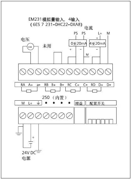 西门子plc 4路模拟量 模块 em231 接线图
