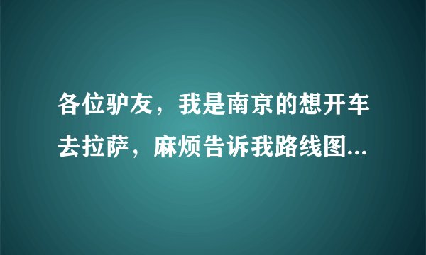 各位驴友，我是南京的想开车去拉萨，麻烦告诉我路线图，和路上注意要点，要带什么预防物品。。谢谢各位了