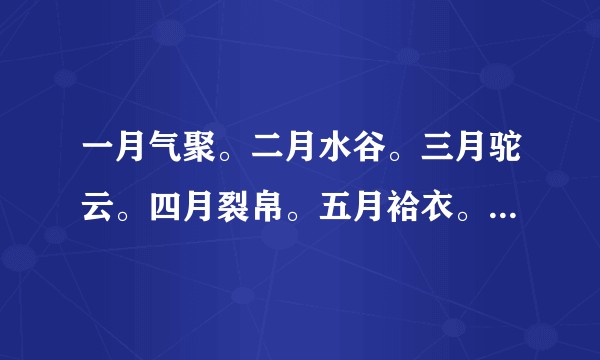 一月气聚。二月水谷。三月驼云。四月裂帛。五月袷衣。六月莲灿。七月兰浆。八月诗禅。九月浮槎。?